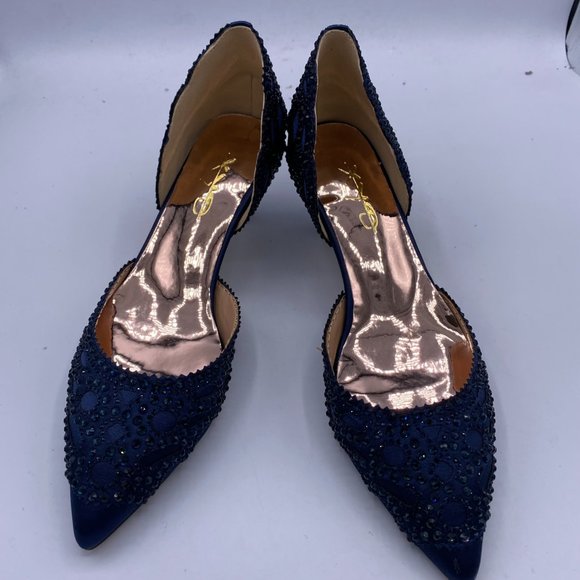 XYD Navy Pointed Toe Low Heel D'Orsay Rhinestone Studs Pump - Picture 3 of 8